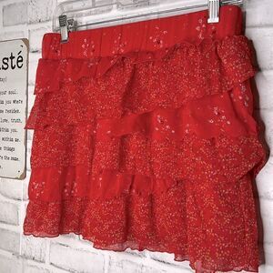 Old Navy Red Floral Tiered Ruffles Boho Hippie Skirt Size XS Small
